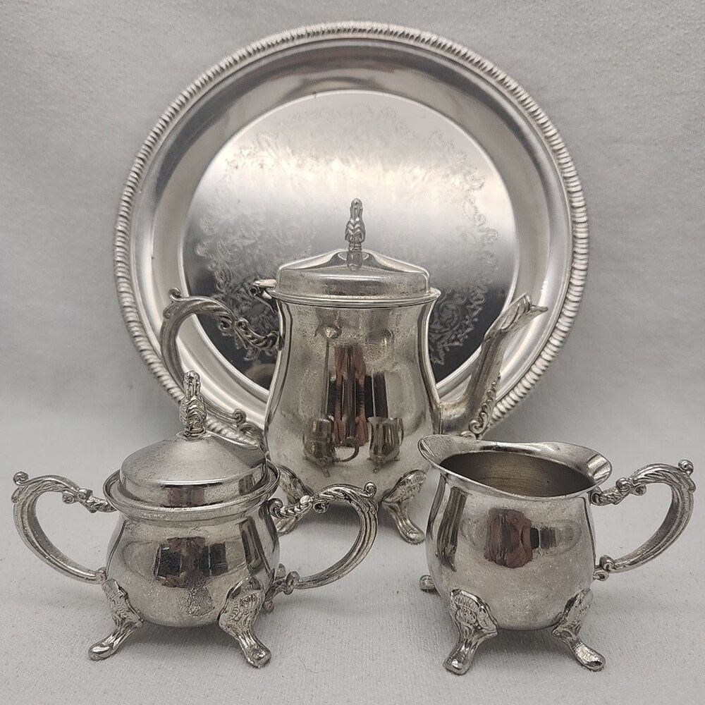Tea Set GODINGER Silver Art Co Elegant Plated Teapot Creamer Sugar Tray Vintage